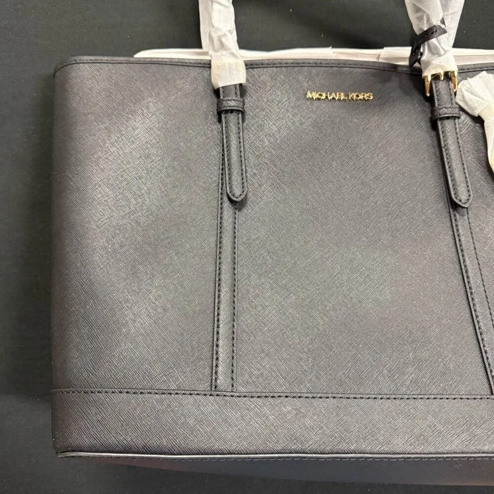 New Michael Kors Black Jet Set Travel Large Saffiano Leather Tote Bag